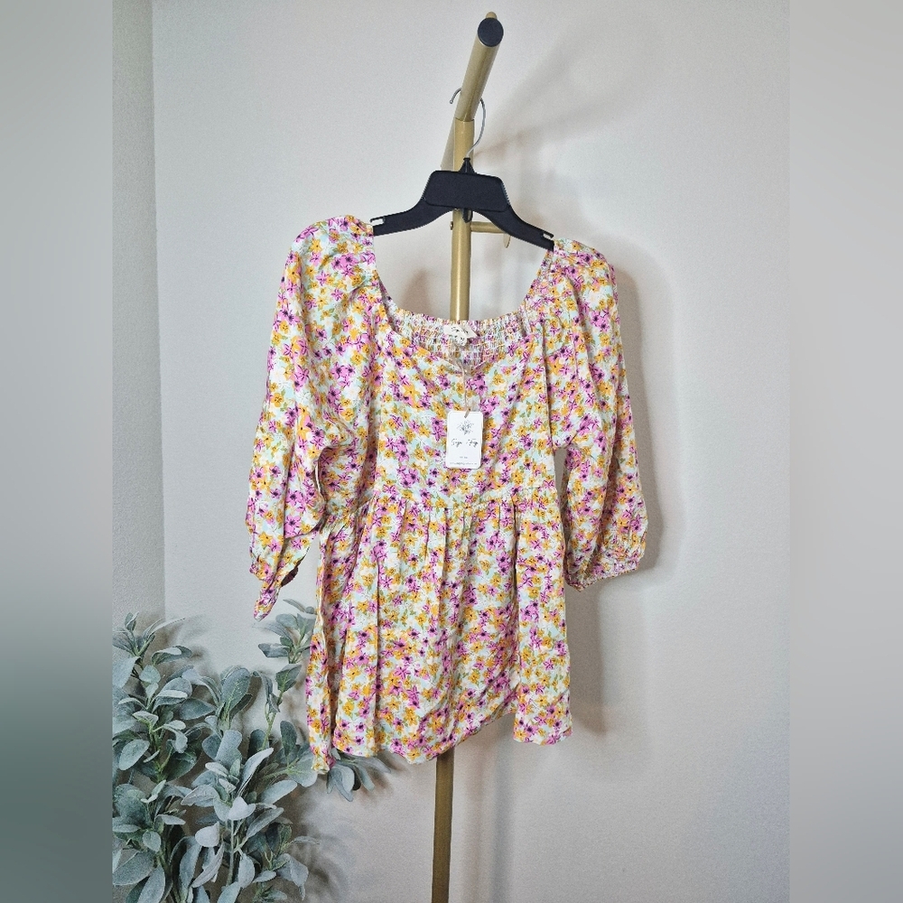 Sage + Fig Floral 3/4 Bubble Sleeve Women's Bohemian Top Sz M